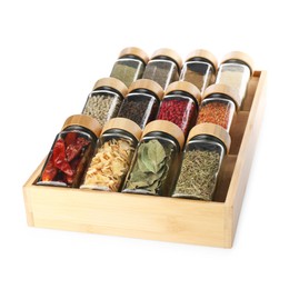 Photo of Different aromatic spices in glass jars isolated on white