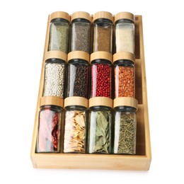 Photo of Different aromatic spices in glass jars isolated on white