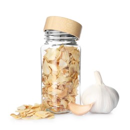 Photo of Fresh and dried garlic isolated on white