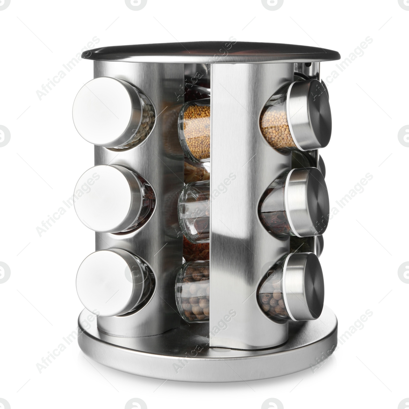 Photo of Set of many different aromatic spices in jars isolated on white