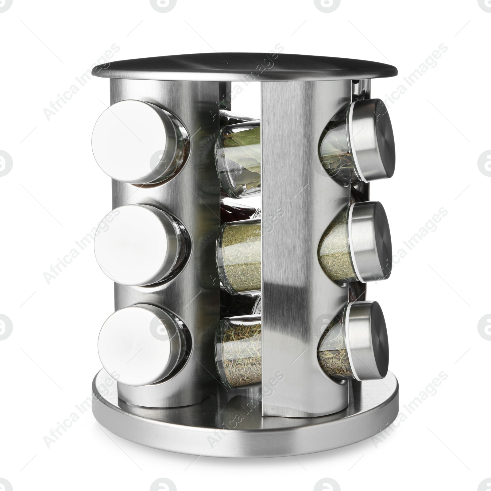 Photo of Set of many different aromatic spices in jars isolated on white