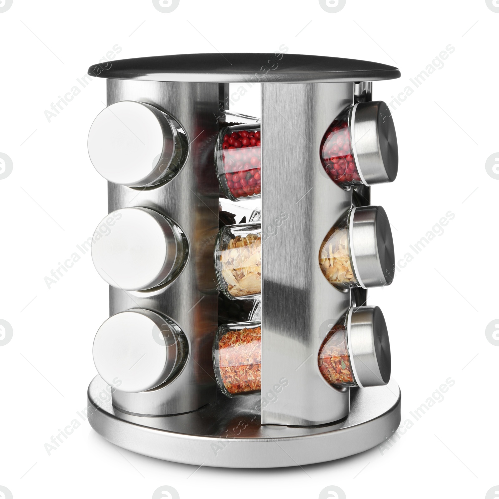 Photo of Set of many different aromatic spices in jars isolated on white
