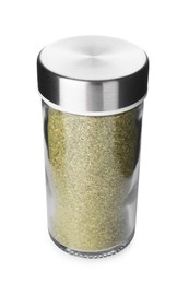 Photo of Basil powder in spice jar isolated on white