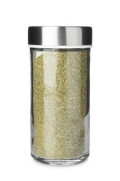 Photo of Basil powder in spice jar isolated on white