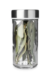 Photo of Dried bay leaves in spice jar isolated on white