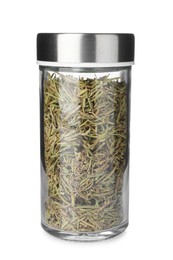 Photo of Dried rosemary in spice jar isolated on white