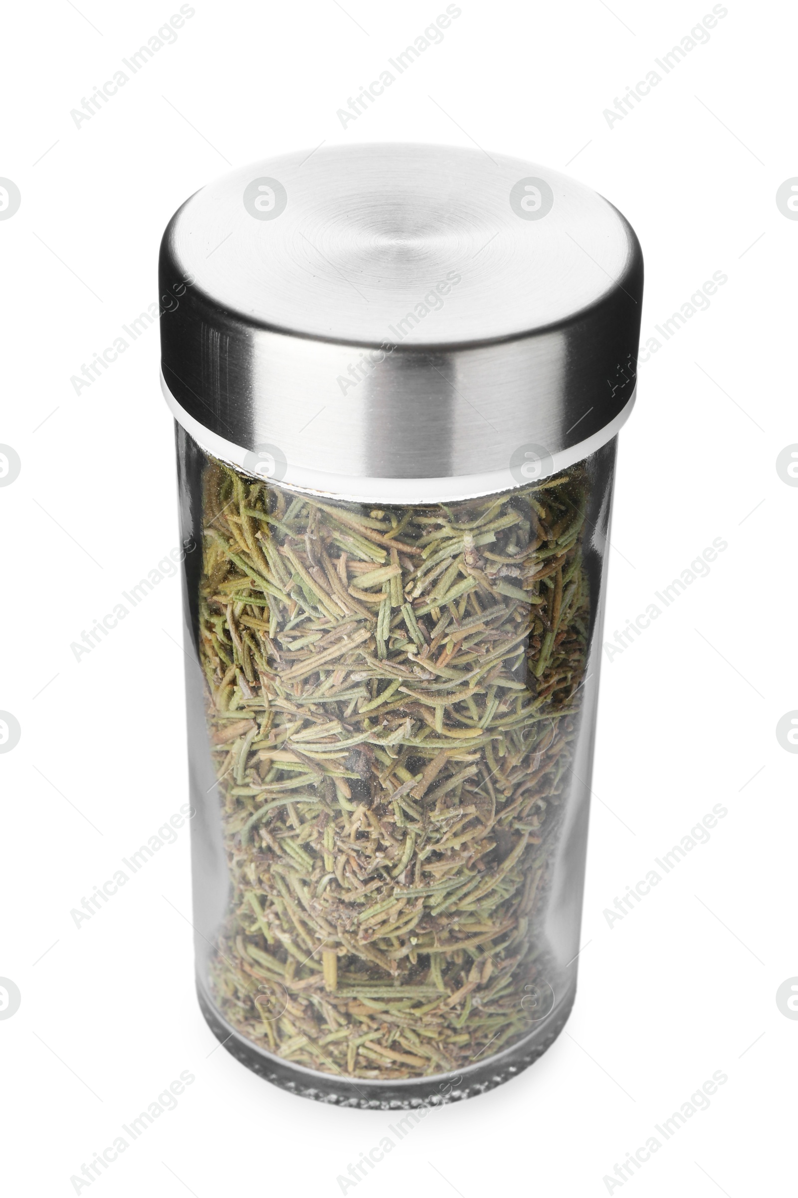 Dried rosemary in spice jar isolated on white Photo of Dried rosemary in spice jar isolated on white