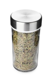 Photo of Dried rosemary in spice jar isolated on white