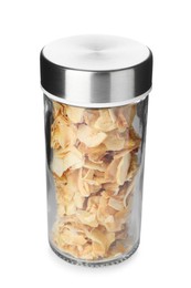 Photo of Dried garlic flakes in spice jar isolated on white