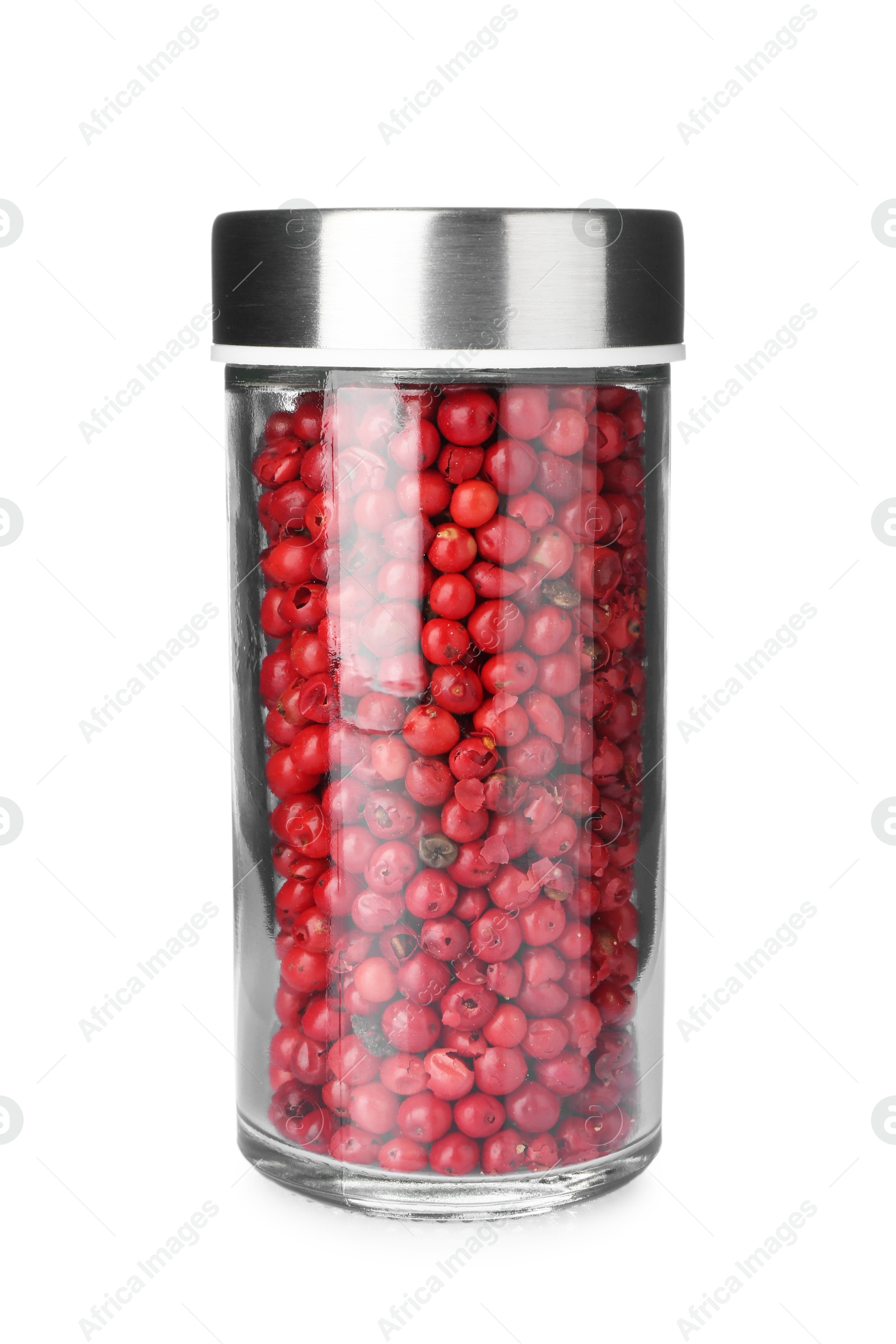 Red peppercorns in spice jar isolated on white Photo of Red peppercorns in spice jar isolated on white