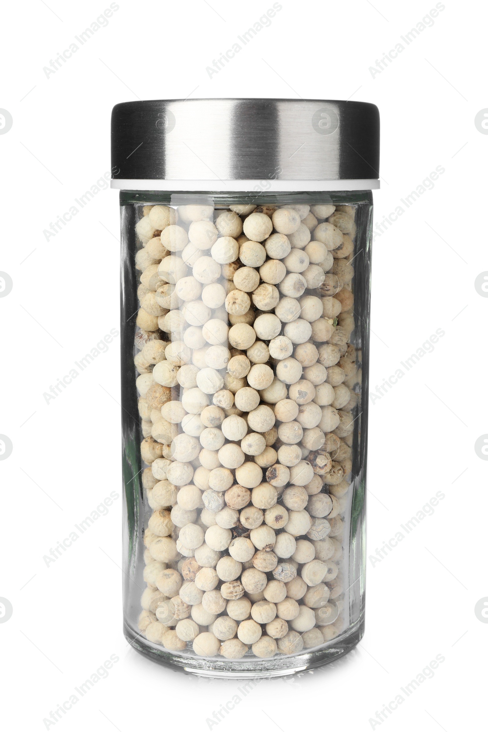 Peppercorns in spice jar isolated on white Photo of Peppercorns in spice jar isolated on white