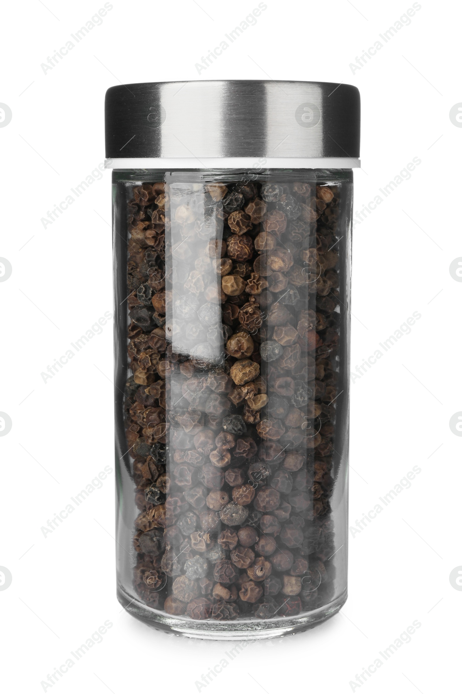 Photo of Black peppercorns in spice jar isolated on white