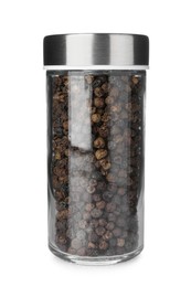Photo of Black peppercorns in spice jar isolated on white