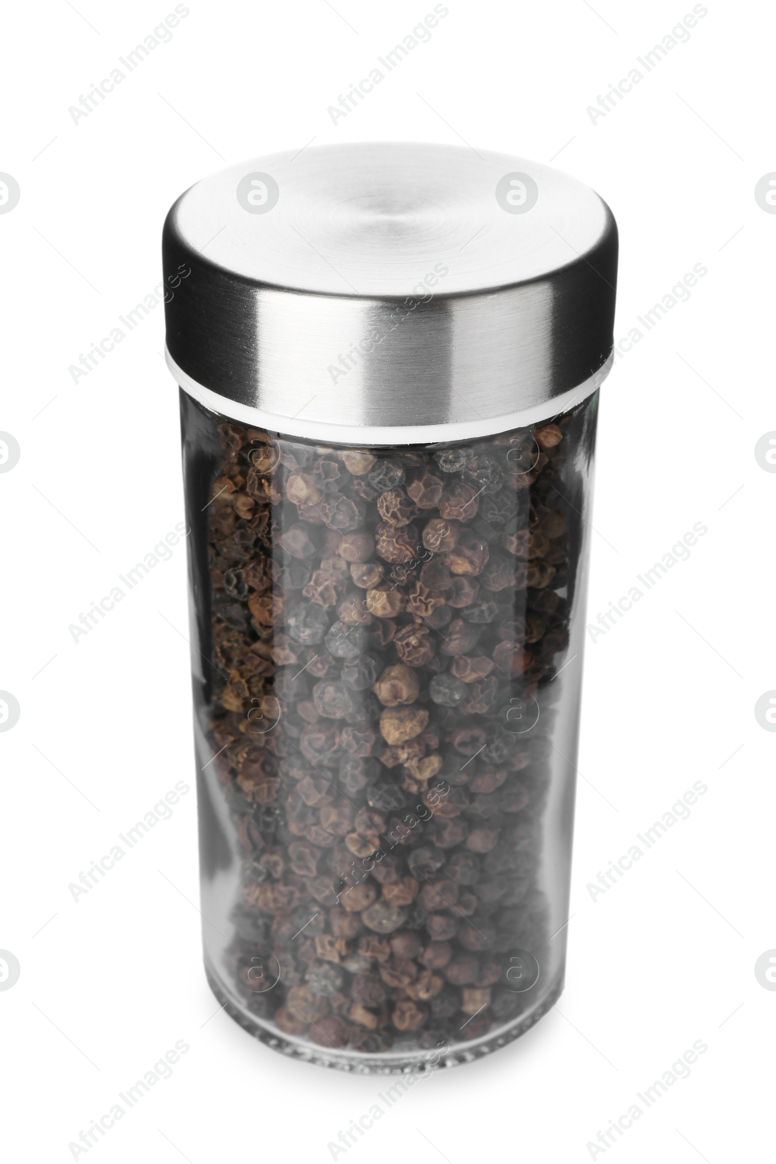 Photo of Black peppercorns in spice jar isolated on white