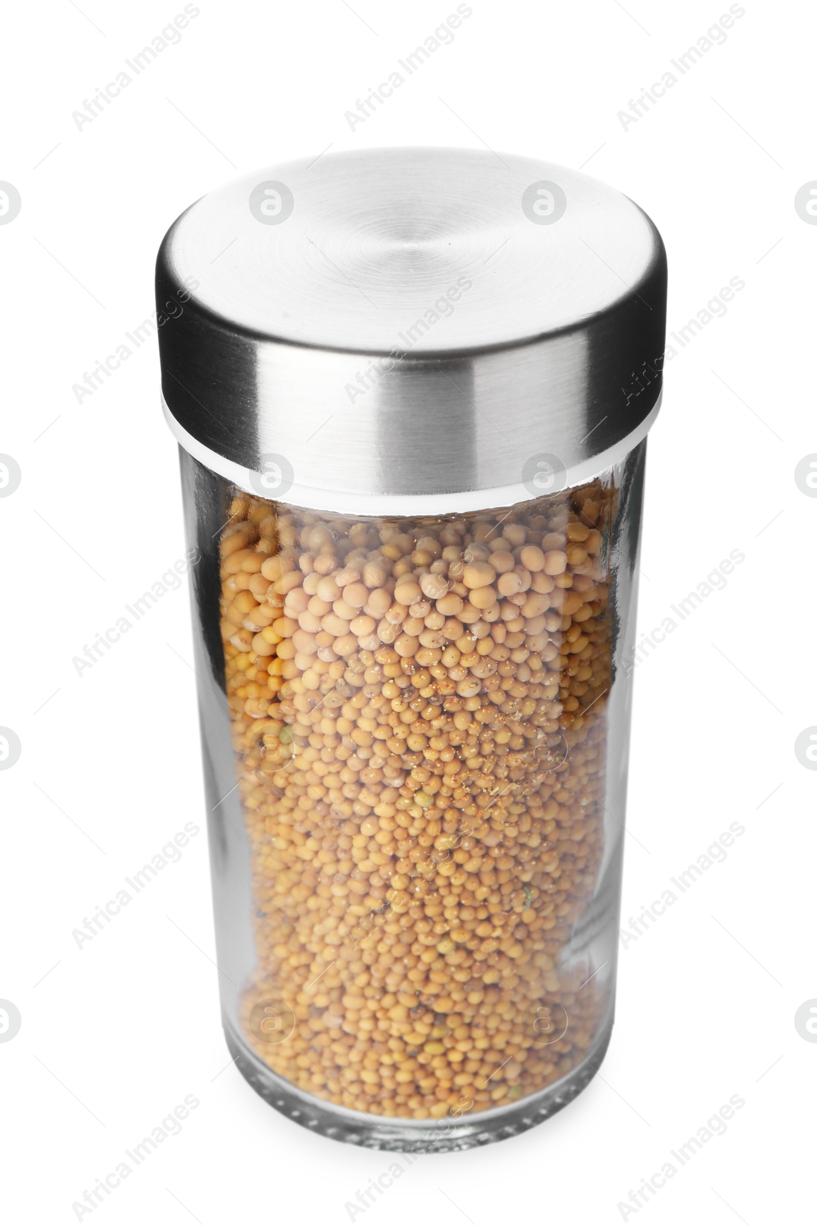 Photo of Mustard seeds in spice jar isolated on white