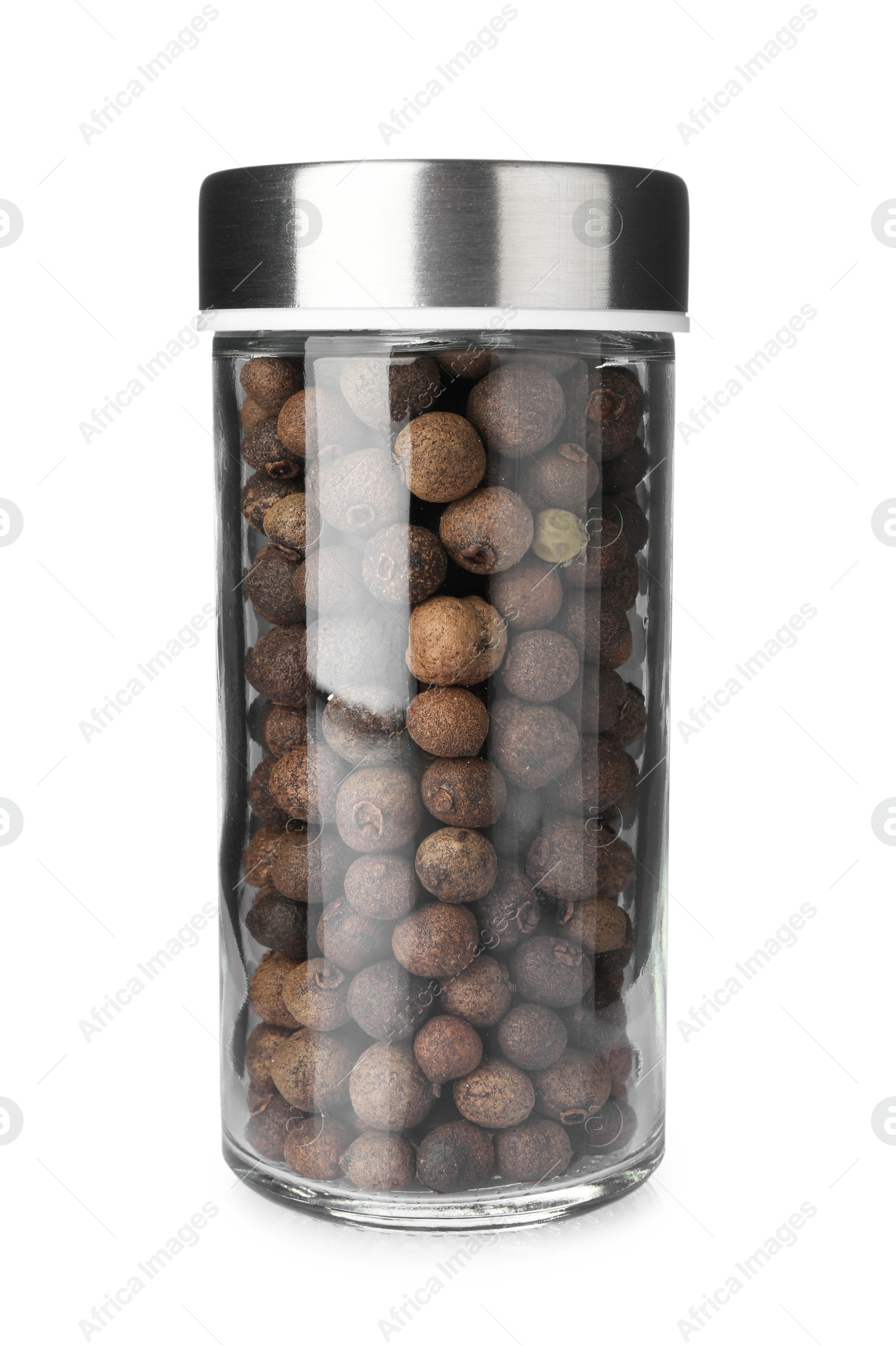 Photo of Allspice peppercorns in spice jar isolated on white