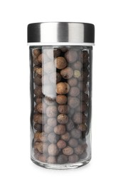 Photo of Allspice peppercorns in spice jar isolated on white