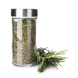 Photo of Dried rosemary in spice jar isolated on white