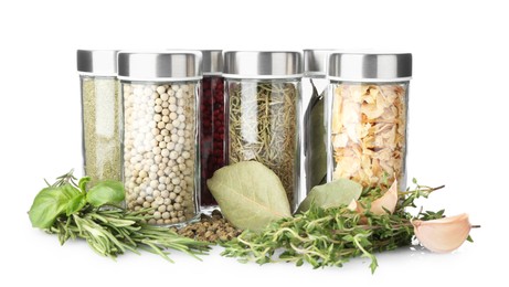 Photo of Many different aromatic spices in jars isolated on white