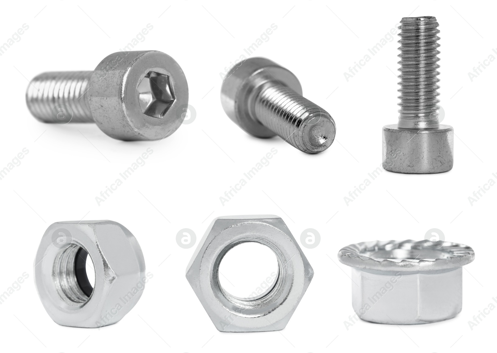 Image of Metal nuts and bolts isolated on white, set