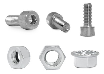 Image of Metal nuts and bolts isolated on white, set