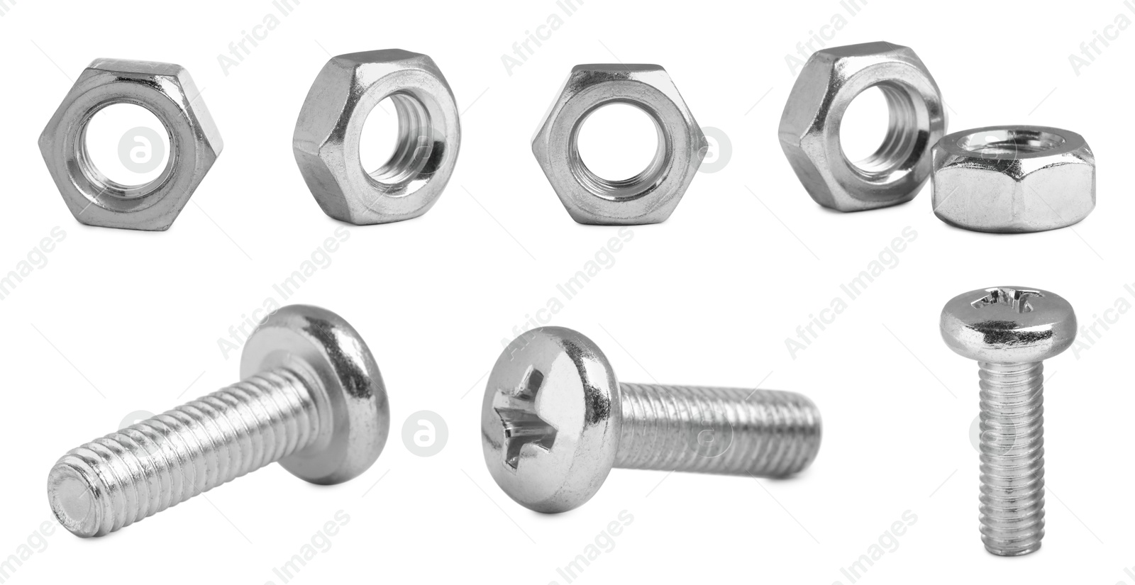 Image of Metal nuts and bolts isolated on white, set