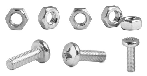 Image of Metal nuts and bolts isolated on white, set