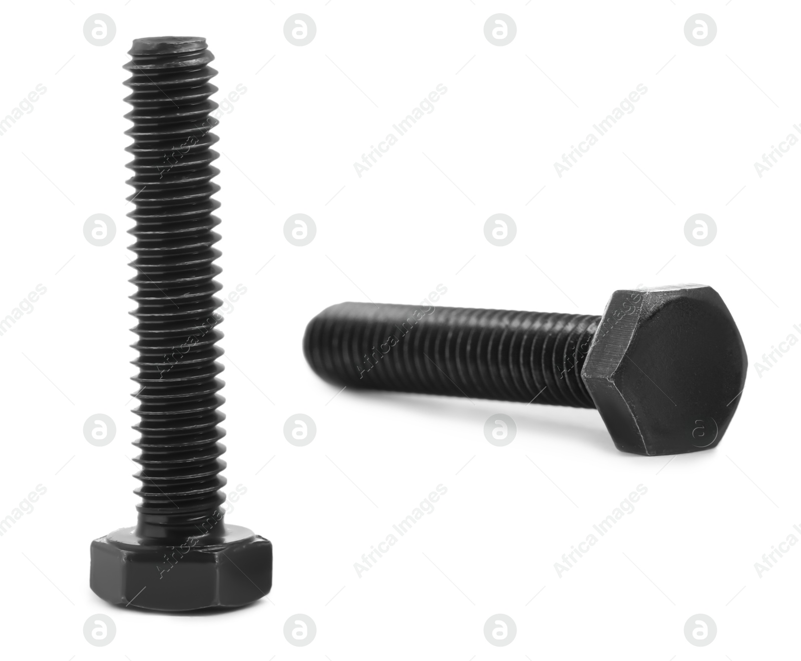 Image of Two black metal bolts isolated on white