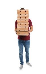 Image of Man holding many pizza boxes against white background