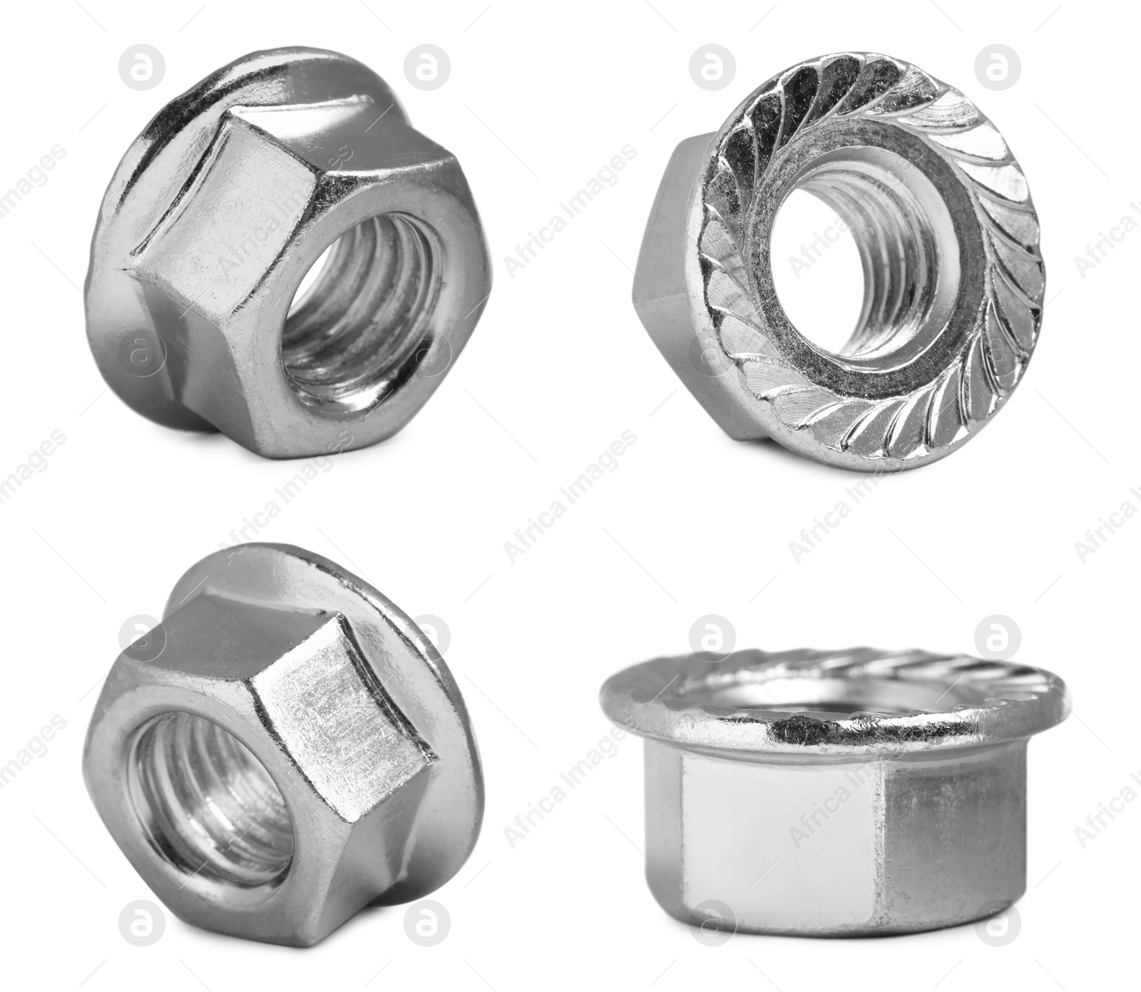 Image of Metal flange nuts isolated on white, set