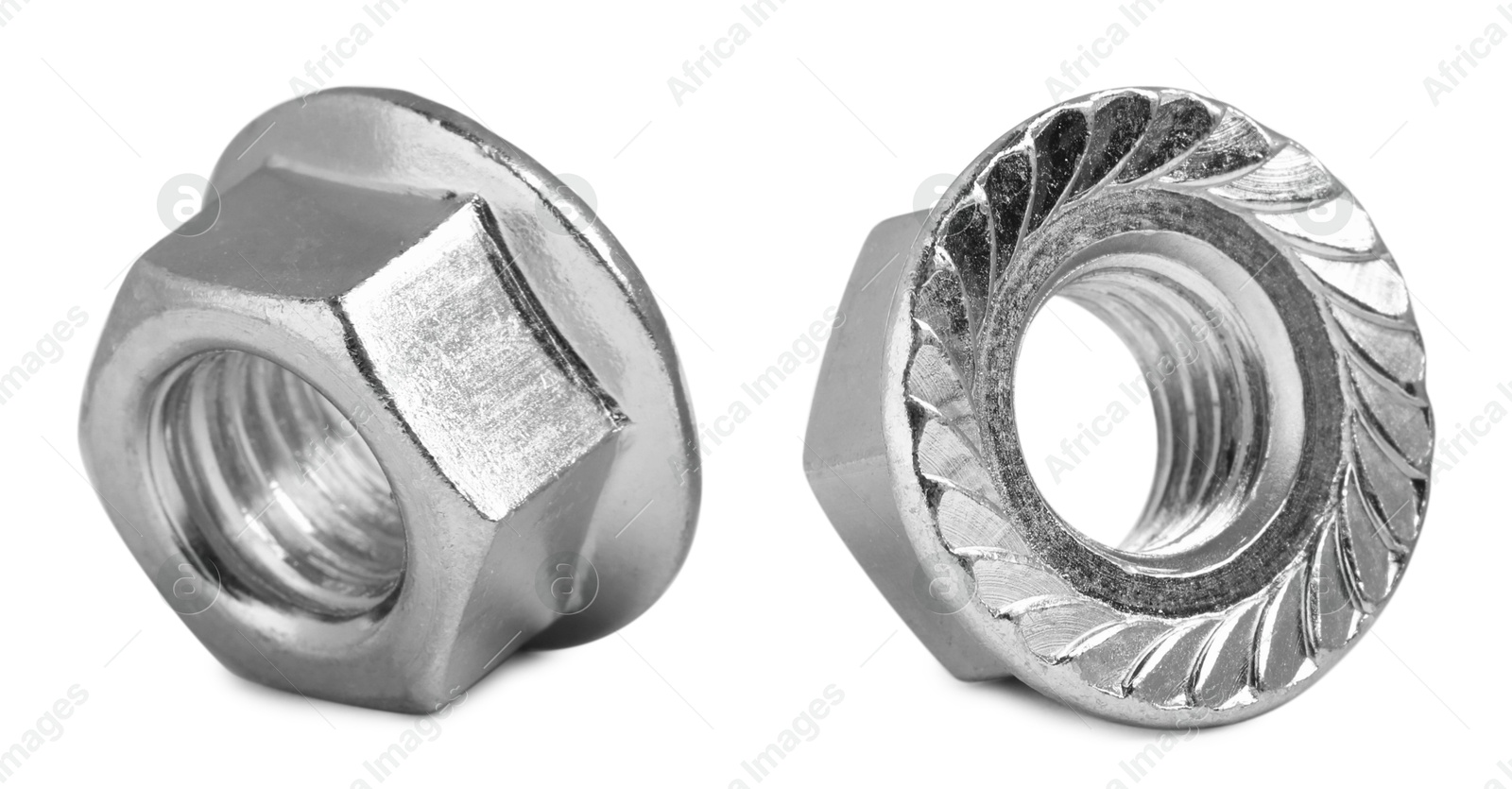 Image of Two metal flange nuts isolated on white