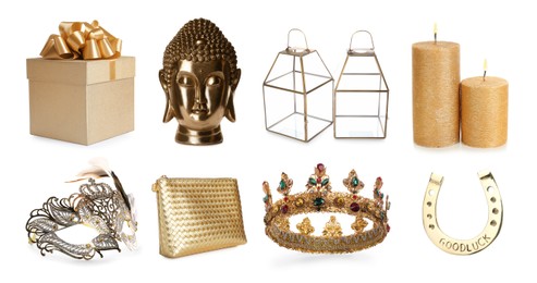 Image of Various golden objects isolated on white, set