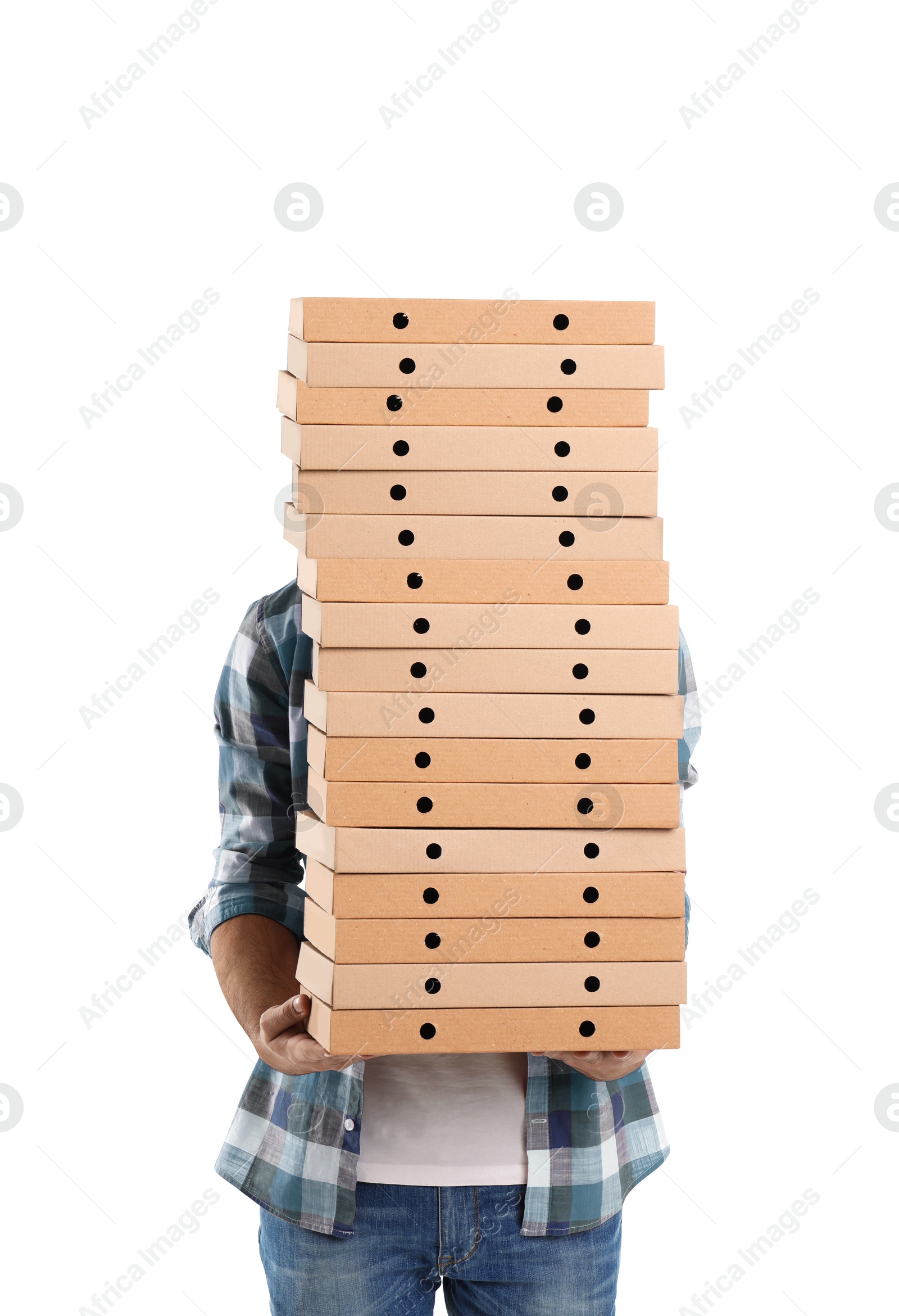 Image of Man holding many pizza boxes against white background