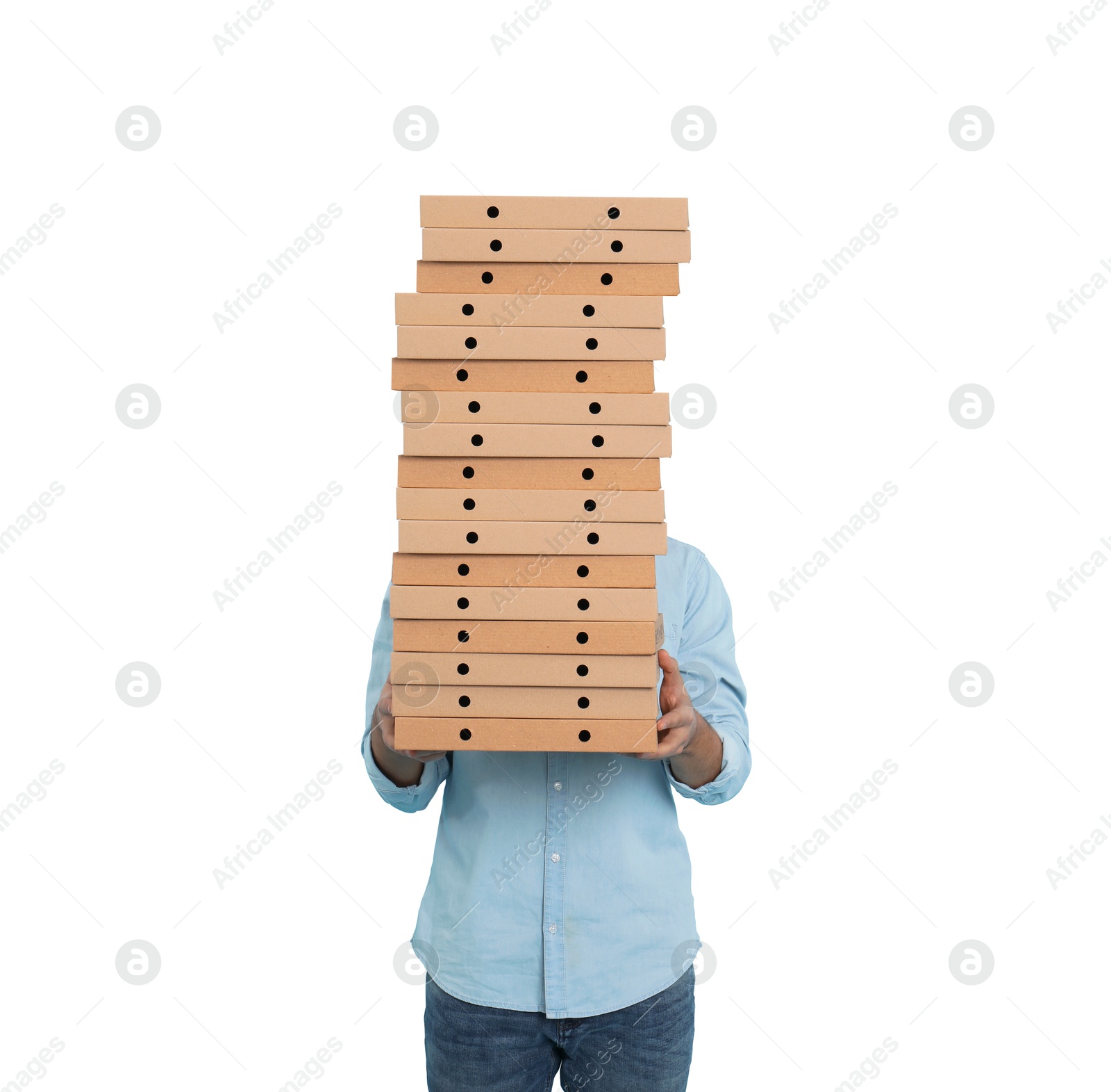 Image of Man holding many pizza boxes against white background