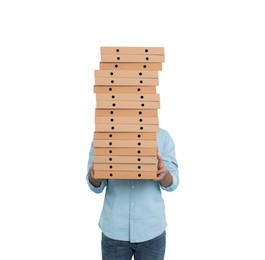 Image of Man holding many pizza boxes against white background