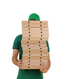 Image of Deliveryman holding many pizza boxes against white background