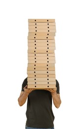 Image of Man holding many pizza boxes against white background