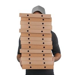 Image of Deliveryman holding many pizza boxes against white background