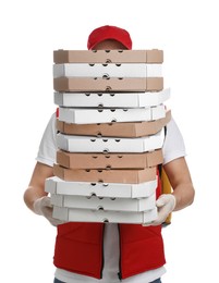Image of Deliveryman holding many pizza boxes against white background
