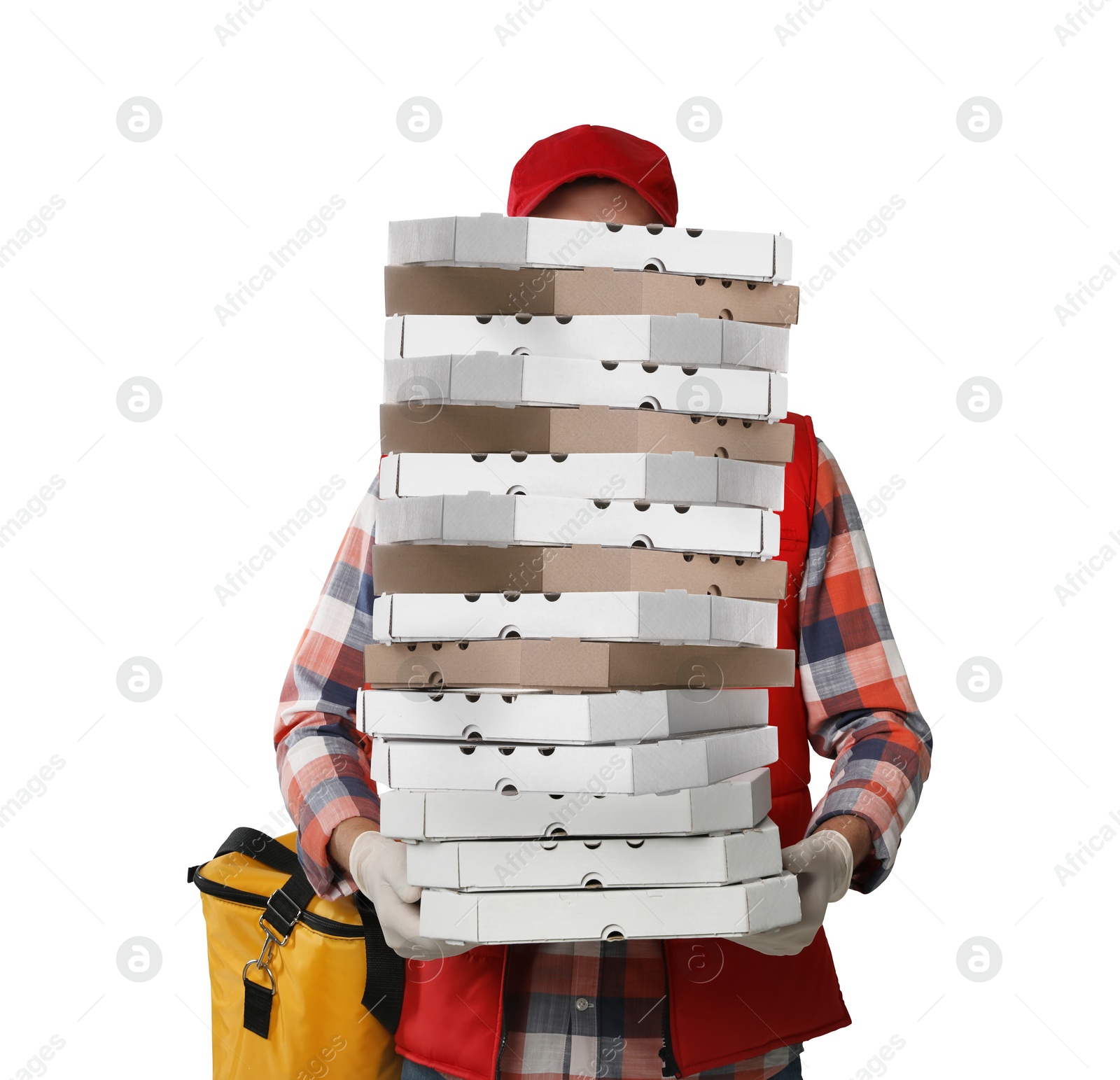 Deliveryman holding many pizza boxes against white background Image of Deliveryman holding many pizza boxes against white background