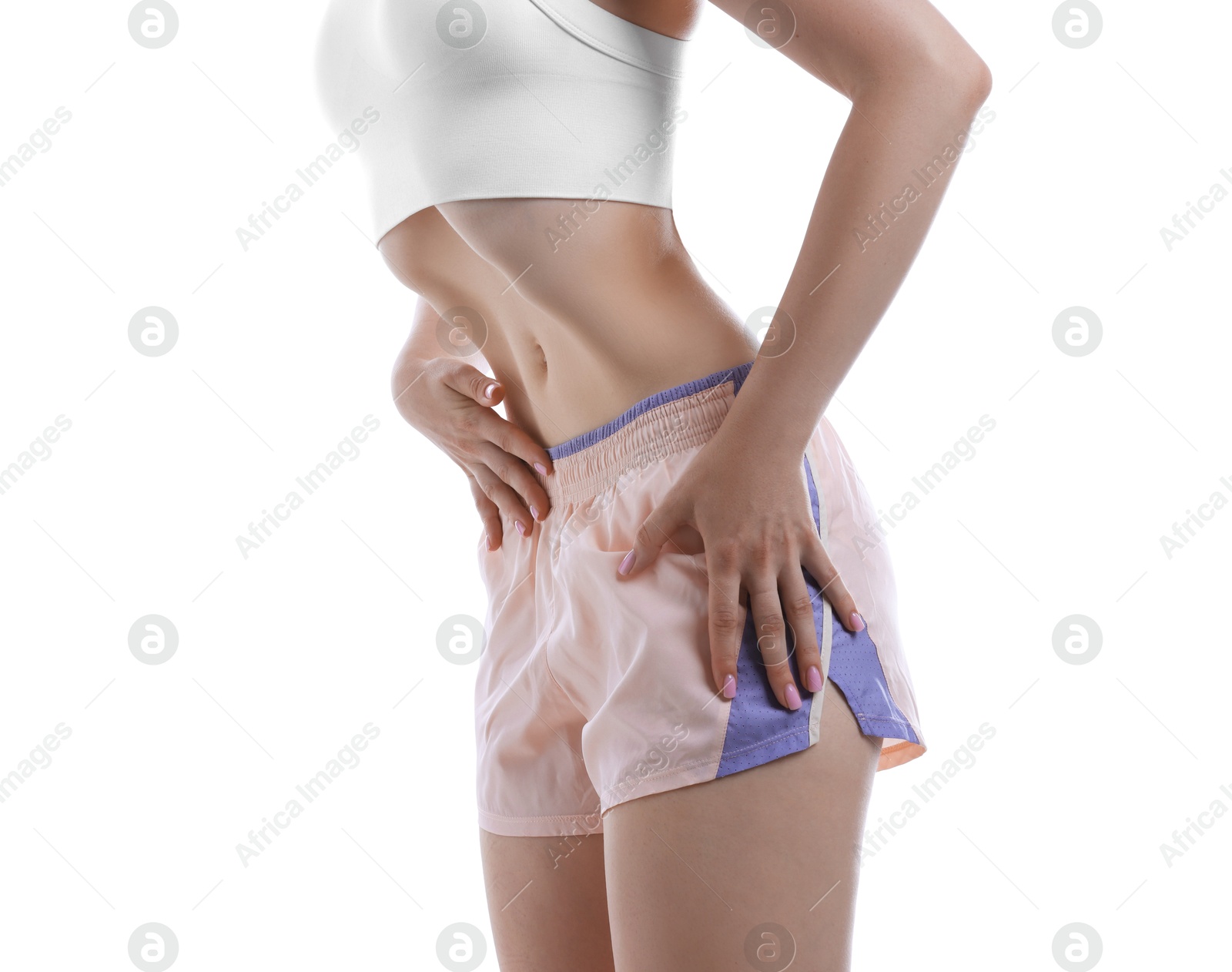 Woman doing abdominal vacuum exercise on white background, closeup Photo of Woman doing abdominal vacuum exercise on white background, closeup