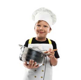 Photo of Choice of profession. Little boy with pot and spoon pretending to be chef on white background