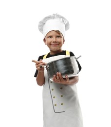 Photo of Choice of profession. Little boy with pot and spoon pretending to be chef on white background