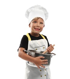 Photo of Choice of profession. Little boy with pot and spoon pretending to be chef on white background