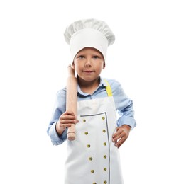 Photo of Choice of profession. Little boy with rolling pin pretending to be chef on white background