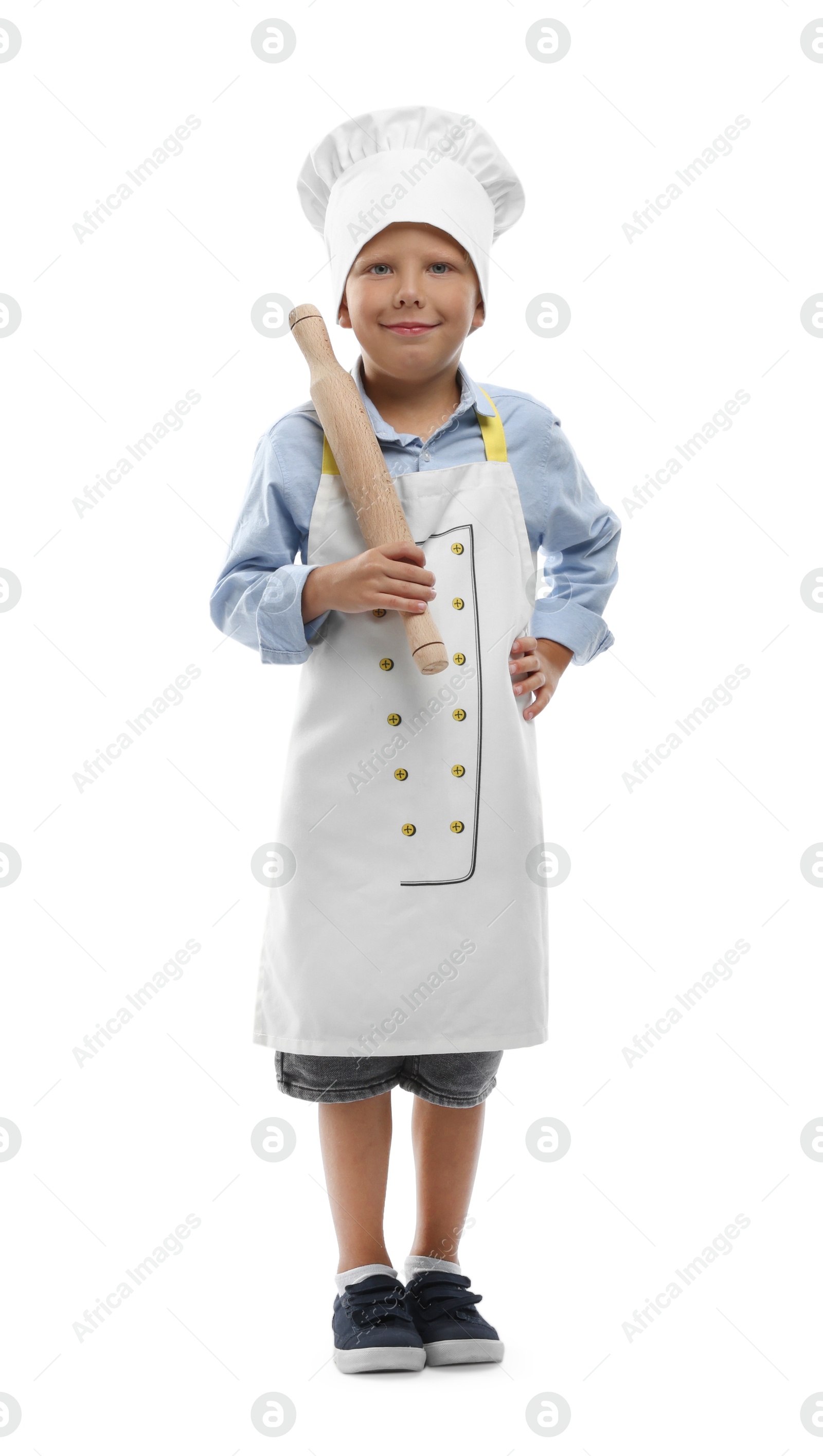 Photo of Choice of profession. Little boy with rolling pin pretending to be chef on white background