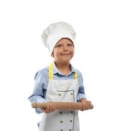 Photo of Choice of profession. Little boy with rolling pin pretending to be chef on white background