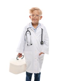 Photo of Choice of profession. Little boy with stethoscope and case pretending to be doctor on white background