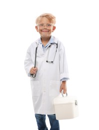 Photo of Choice of profession. Little boy with stethoscope and case pretending to be doctor on white background