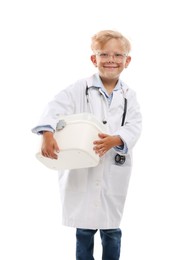 Photo of Choice of profession. Little boy with stethoscope and case pretending to be doctor on white background